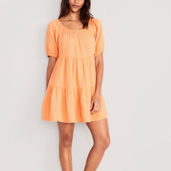 Old Navy Dresses & Skirts - Old Navy Puff Sleeve Tiered Mini Swing Boho Peasant Orange Prairie Dress 2X